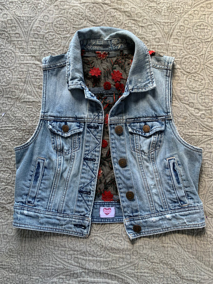 Stone Wash Denim Red Floral Vest [M]