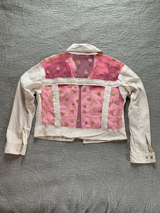 Cropped Cream Denim Gold Glitter Heart Jacket [L]