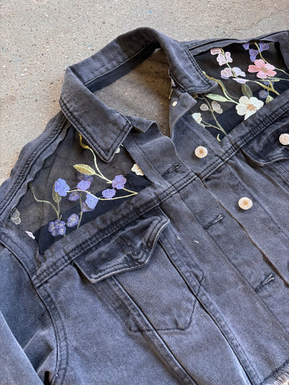 Cropped Black Denim Floral Jacket [XL]