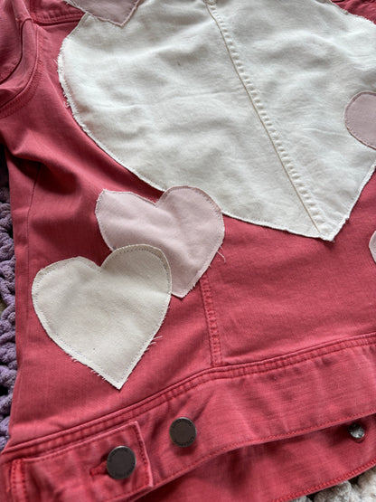 Dark Pink Denim Frayed Hearts Jacket [XL]