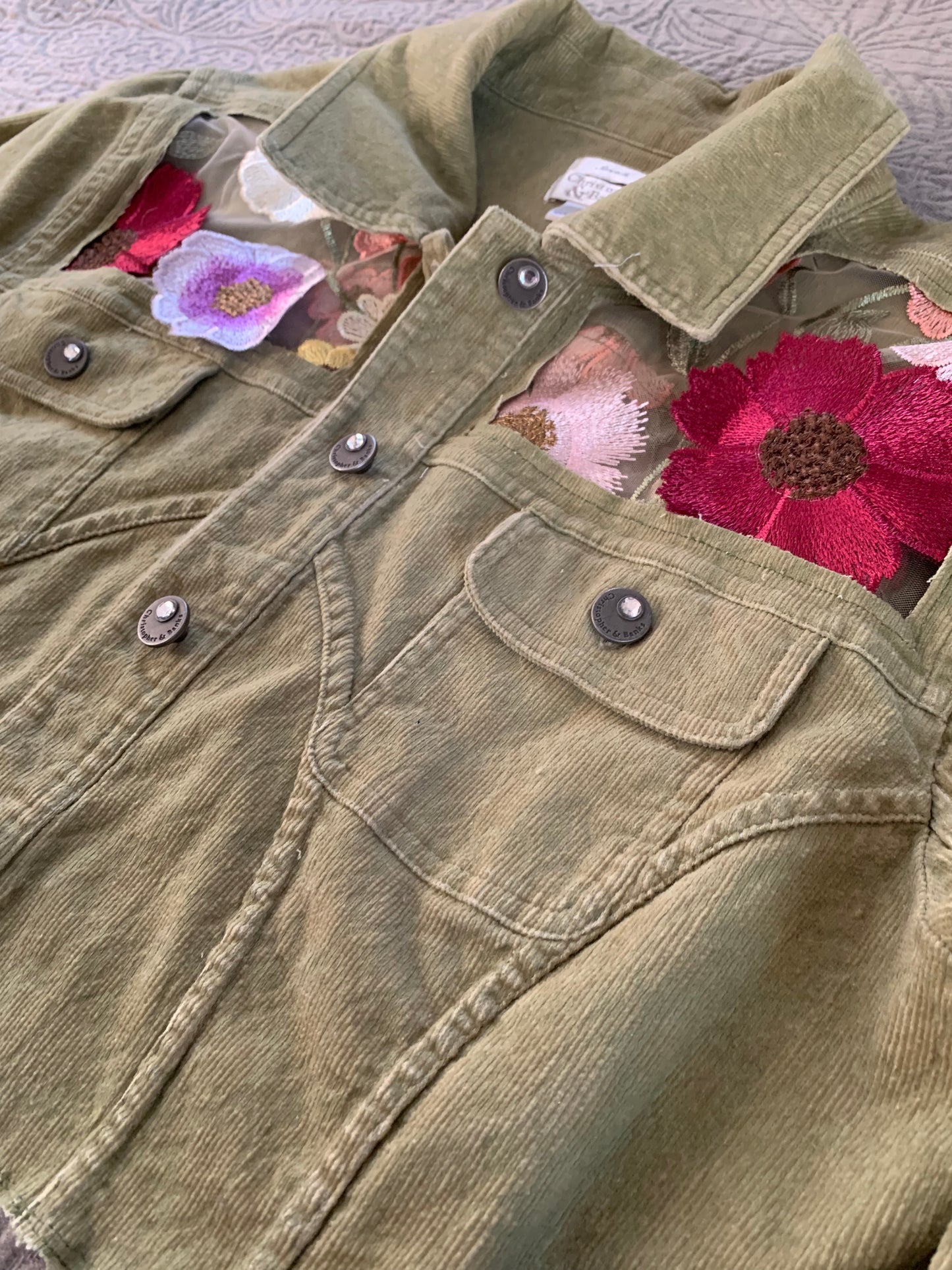 Cropped Green Denim Appliqué Wildflowers [XL]