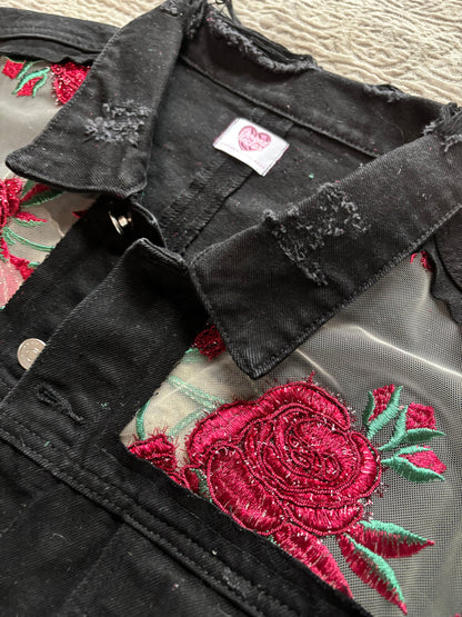 Distressed Black Denim Roses Jacket [2X]