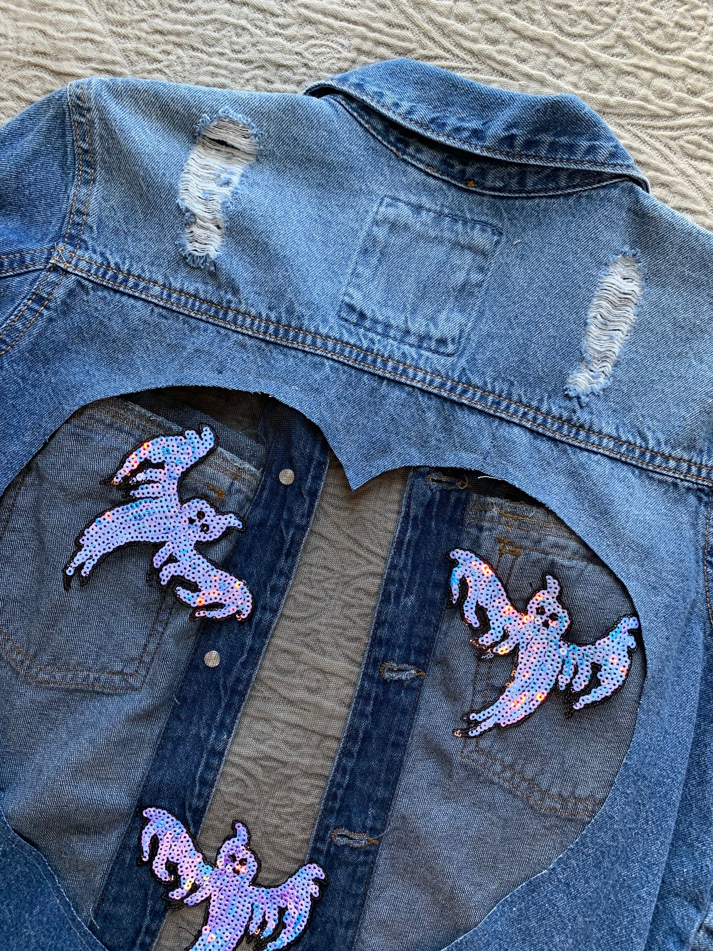 Heart Cutout Distressed Denim Ghost Jacket   [L]