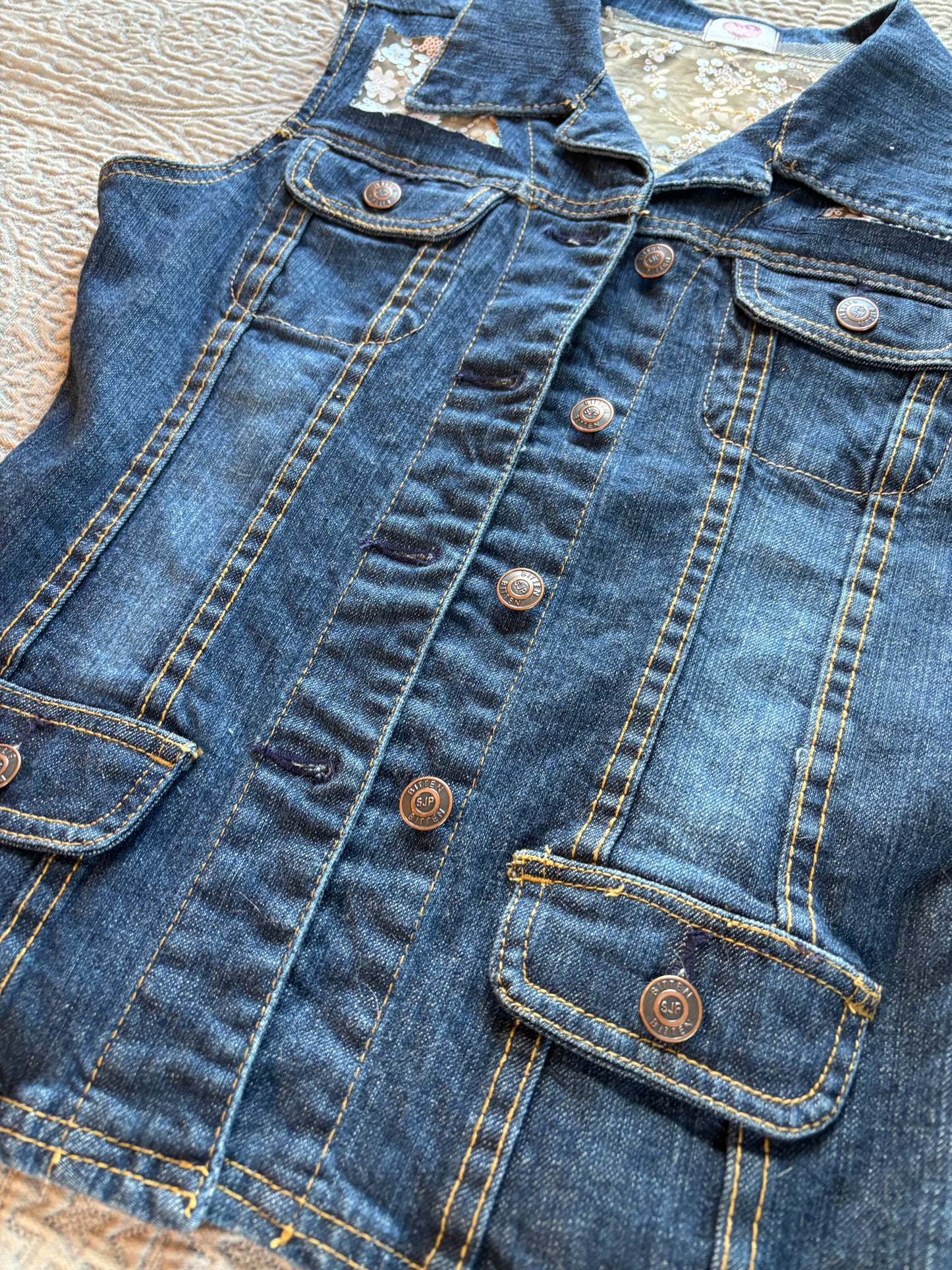 Denim White Floral Vest [S]