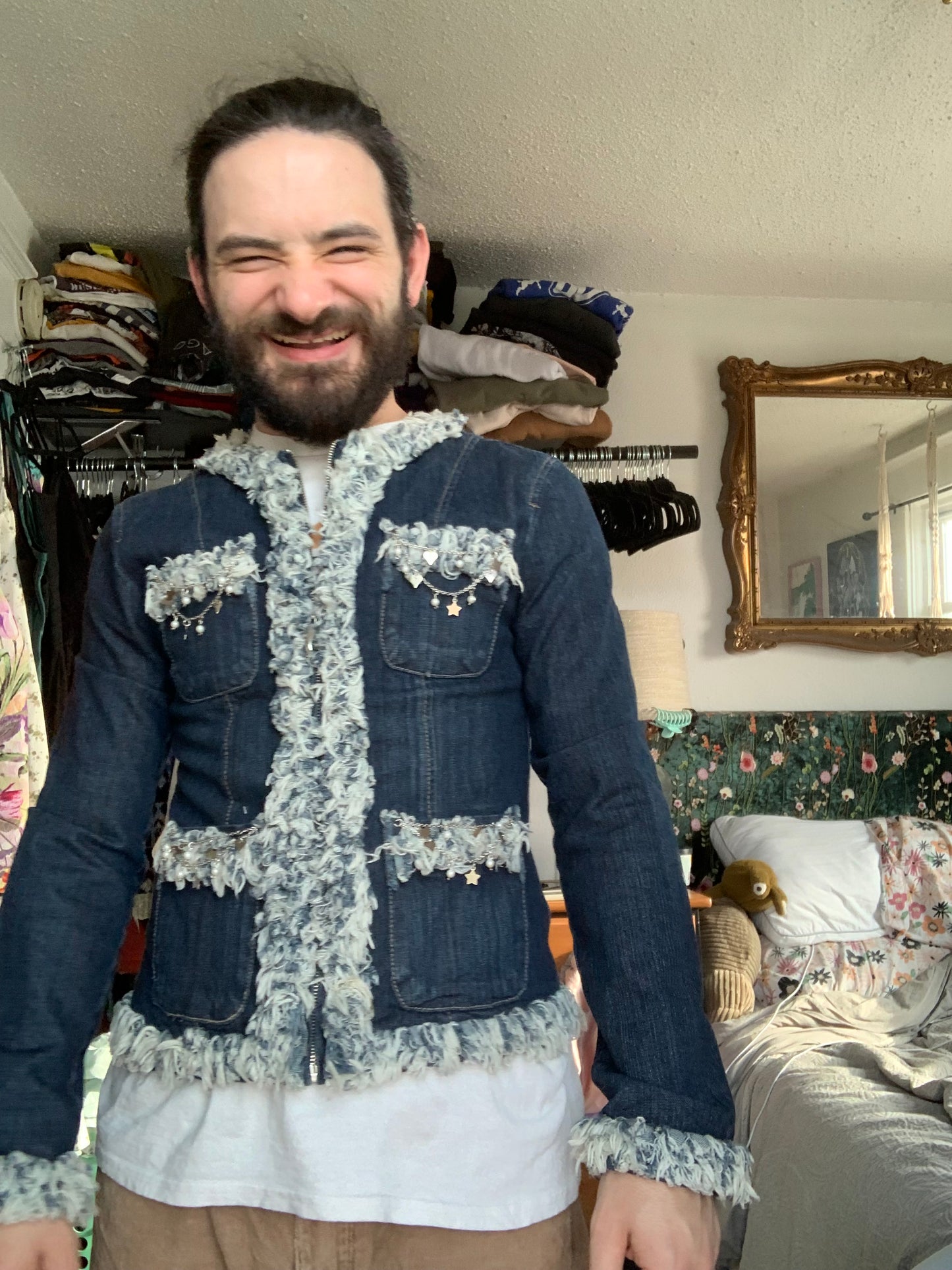 Denim Fray Trimmed Pearls and Charms [L]