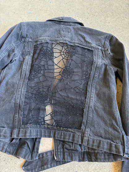 Black Denim Spider Webs Belted Jacket [S]