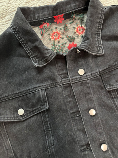 Cropped Black Denim Red Floral Jacket [2X]