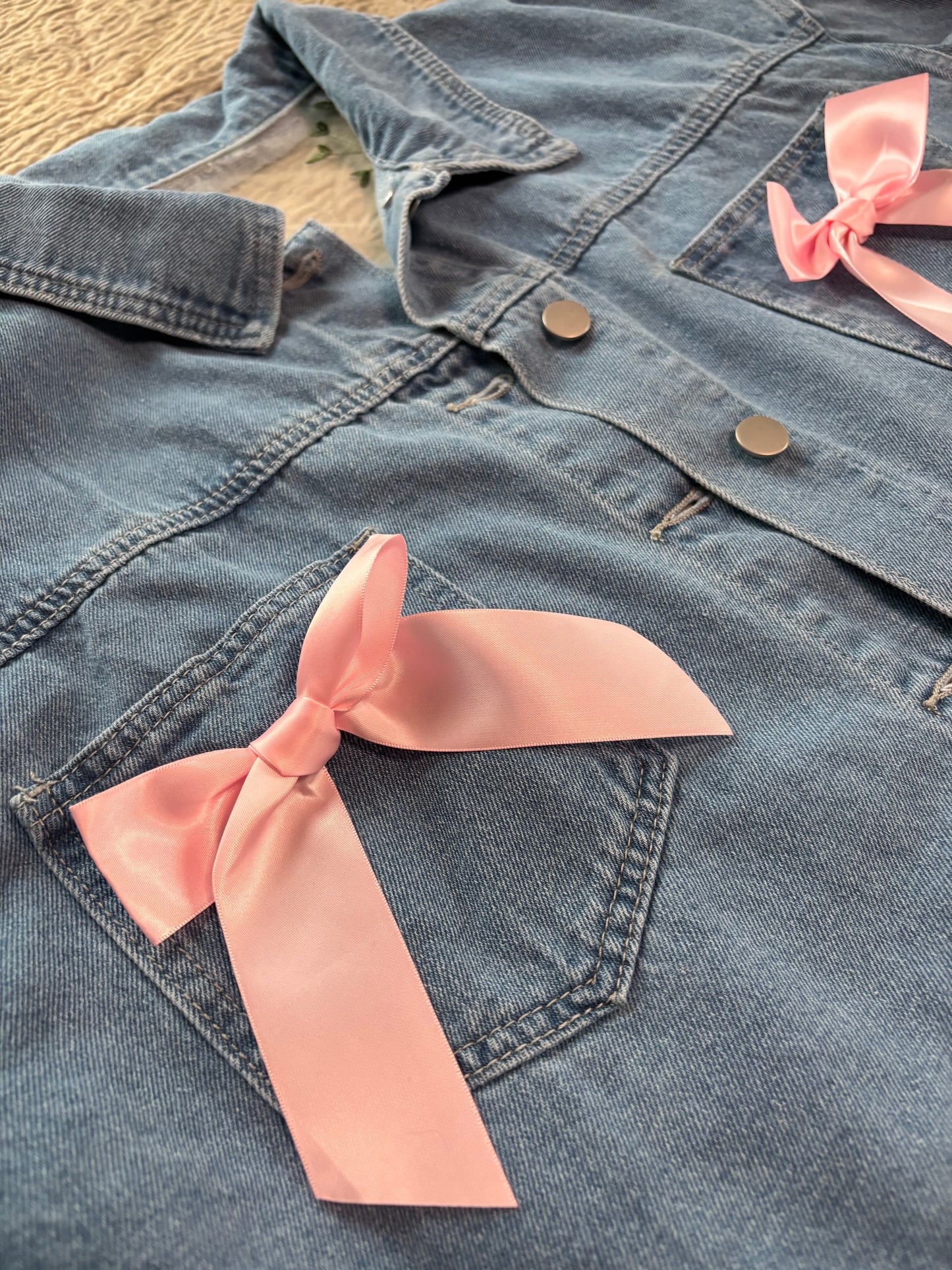 Cropped Denim Pink Floral Jacket with Bows [3X]