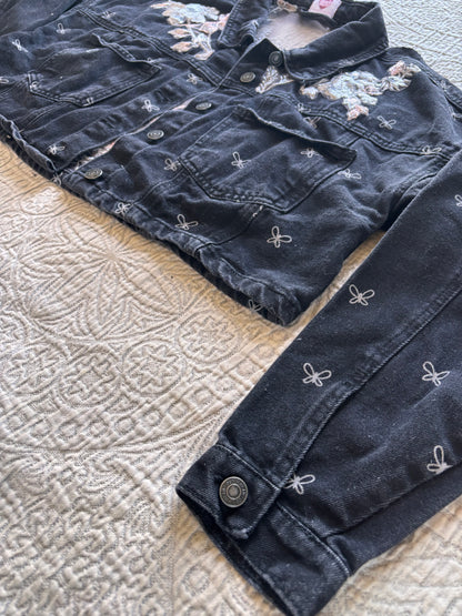 Black Bows and Silver Floral Denim Cropped Jacket [XL]
