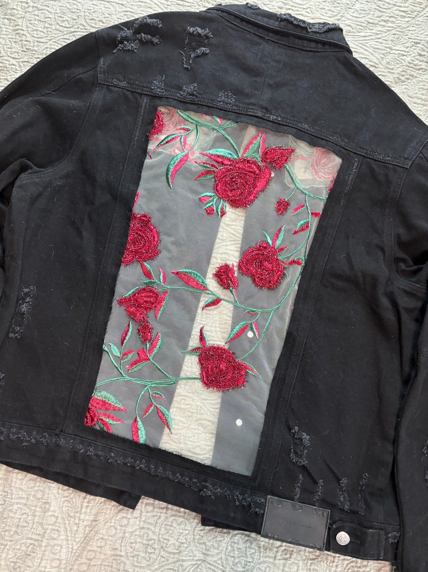 Distressed Black Denim Roses Jacket [2X]