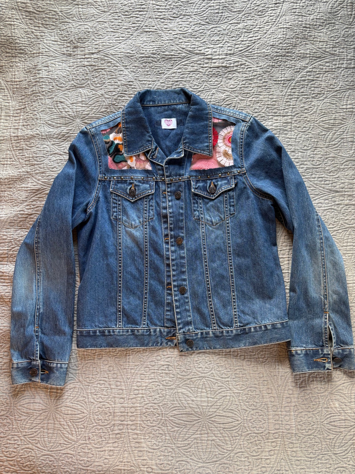 Denim Studs Pink Floral Jacket [L]