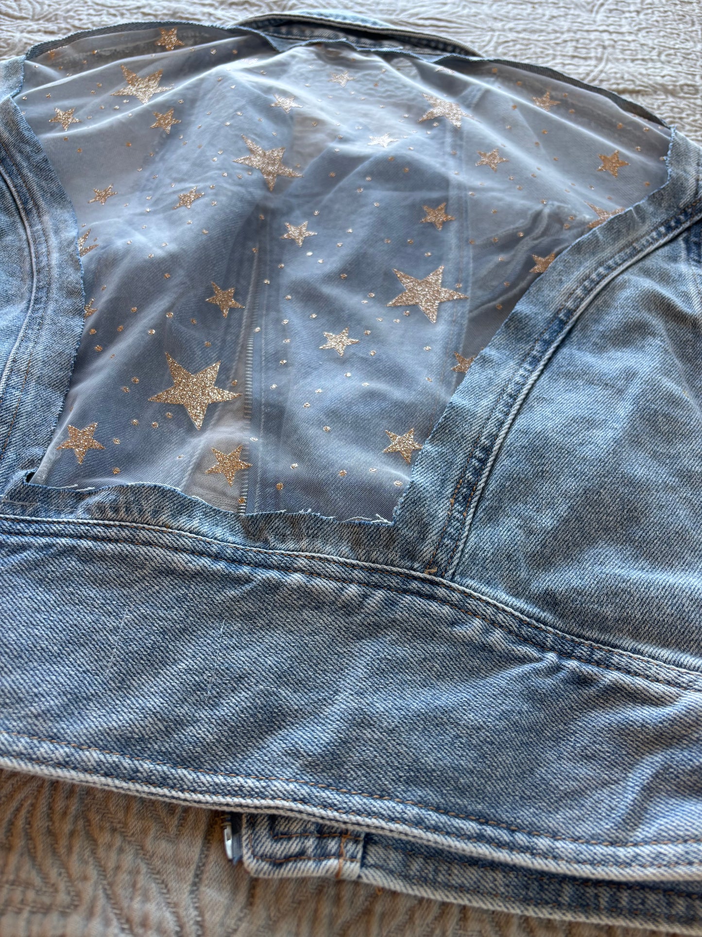 Gold Stars Light Wash Denim Bomber Jacket [XL]