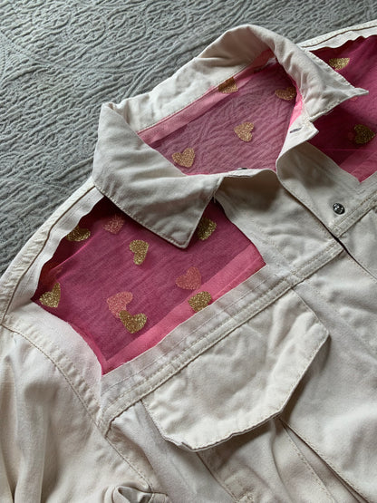 Cropped Cream Denim Gold Glitter Heart Jacket [L]