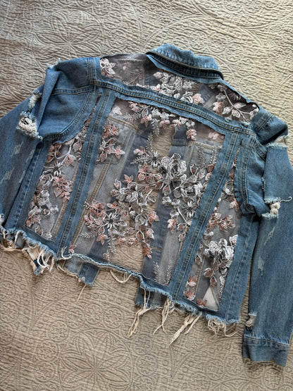 Cropped Distressed Denim Silver Floral Jacket [0X]