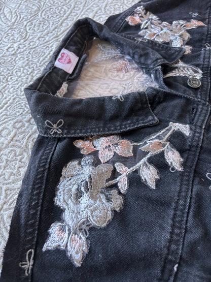 Black Bows and Silver Floral Denim Cropped Jacket [XL]