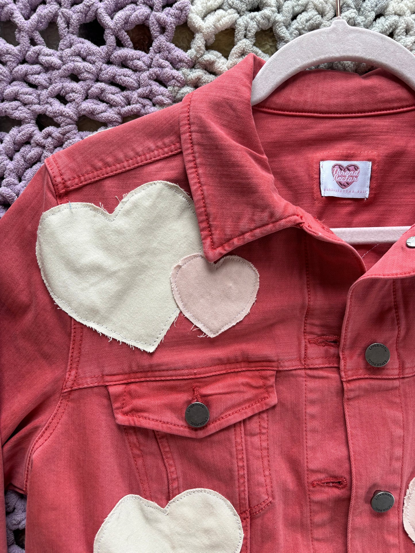 Dark Pink Denim Frayed Hearts Jacket [XL]