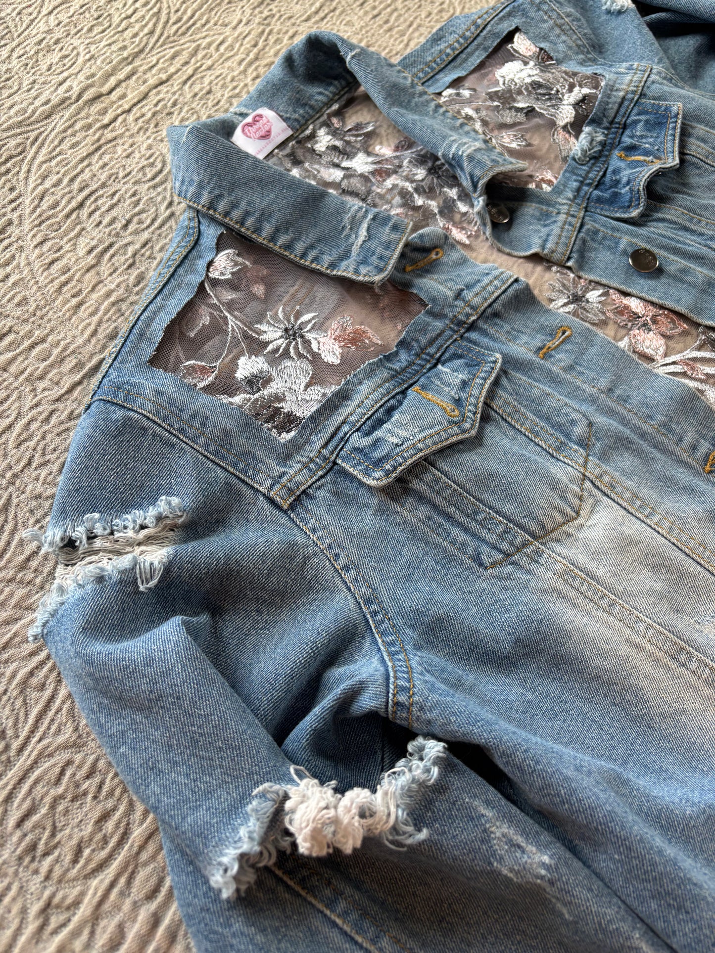 Cropped Distressed Denim Silver Floral Jacket [0X]