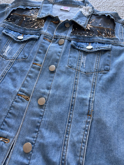 Gold Stars Distressed Denim Jacket [XL]