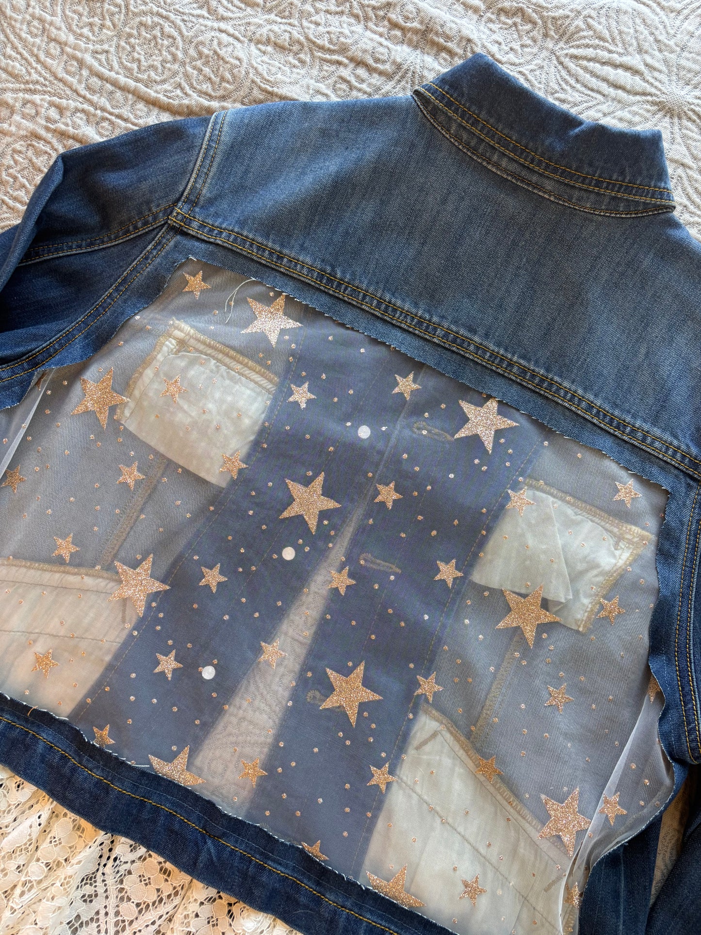 Gold Stars Removable Lace-Bottom Denim Jacket [1X]