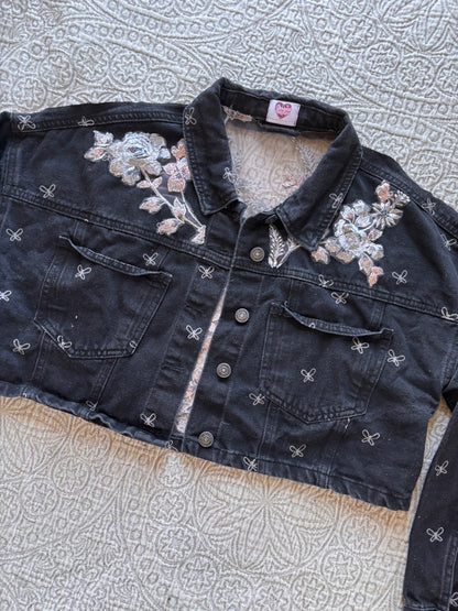 Black Bows and Silver Floral Denim Cropped Jacket [XL]