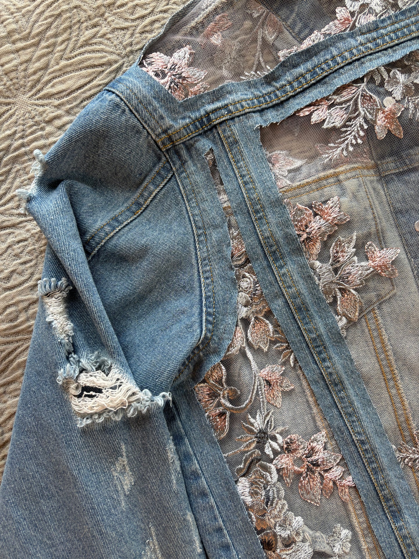 Cropped Distressed Denim Silver Floral Jacket [0X]