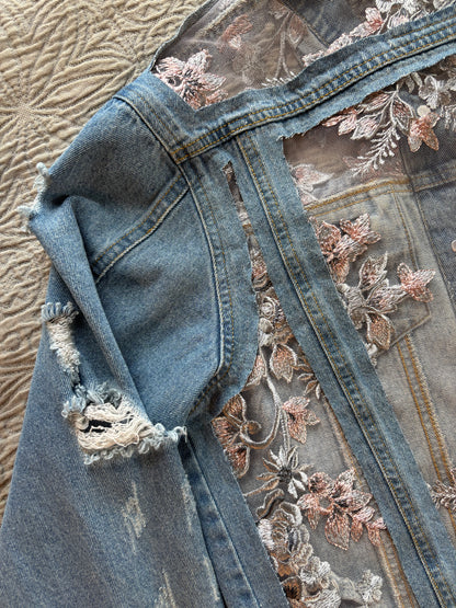 Cropped Distressed Denim Silver Floral Jacket [0X]