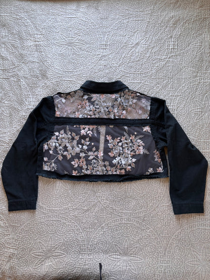 Black Denim Silver Floral Cropped Jacket [2X]