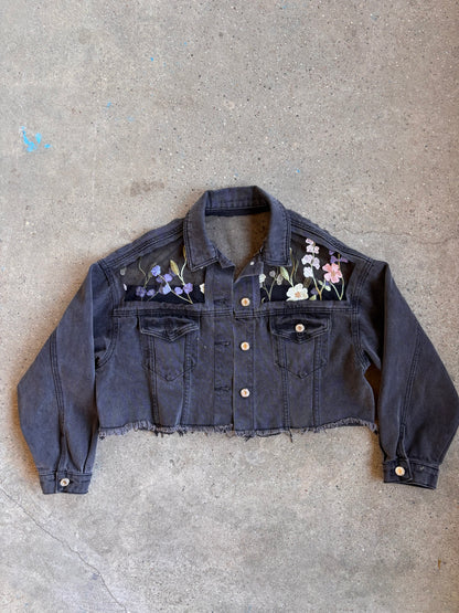 Cropped Black Denim Floral Jacket [XL]