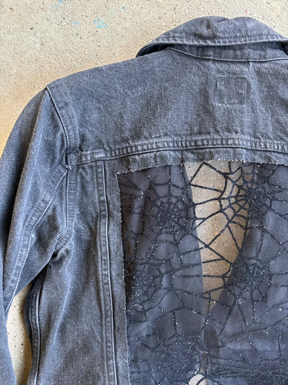 Black Denim Spider Webs Belted Jacket [S]