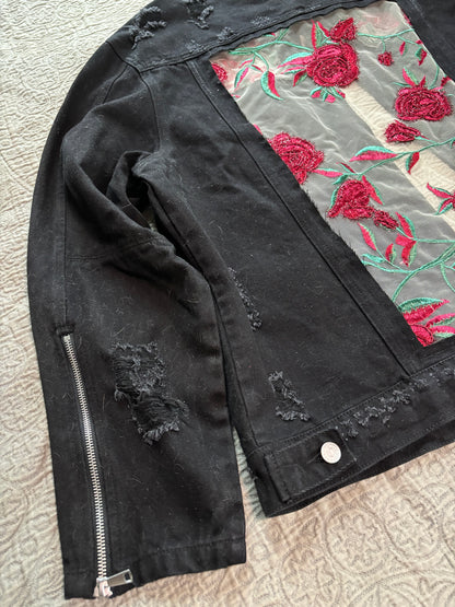 Distressed Black Denim Roses Jacket [2X]