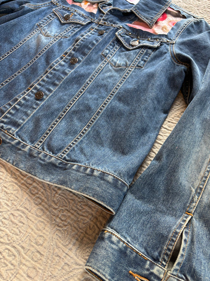 Denim Studs Pink Floral Jacket [L]