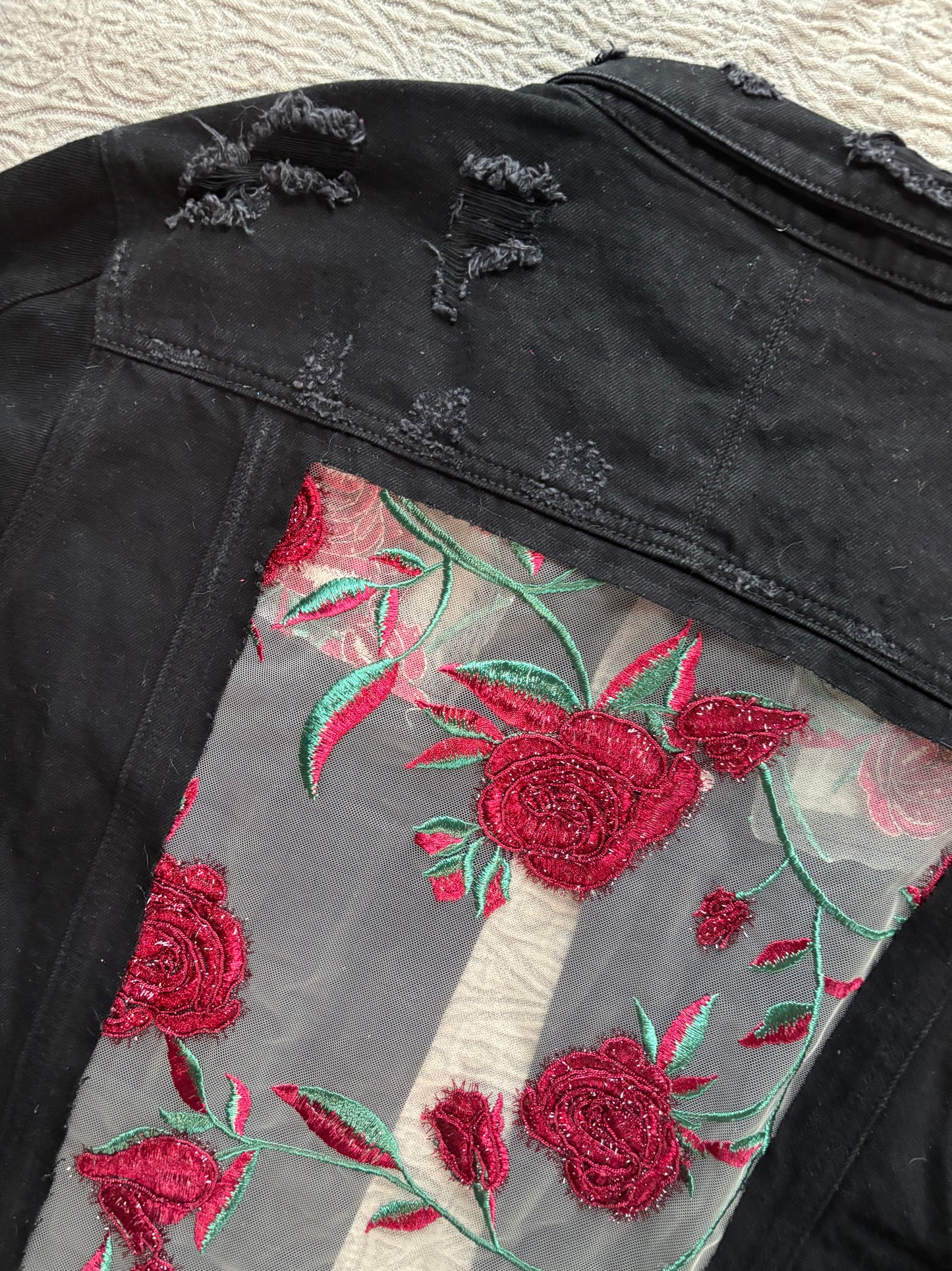 Distressed Black Denim Roses Jacket [2X]