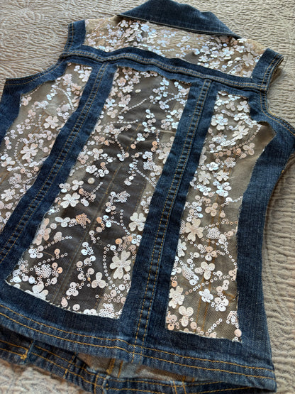 Denim White Floral Vest [S]