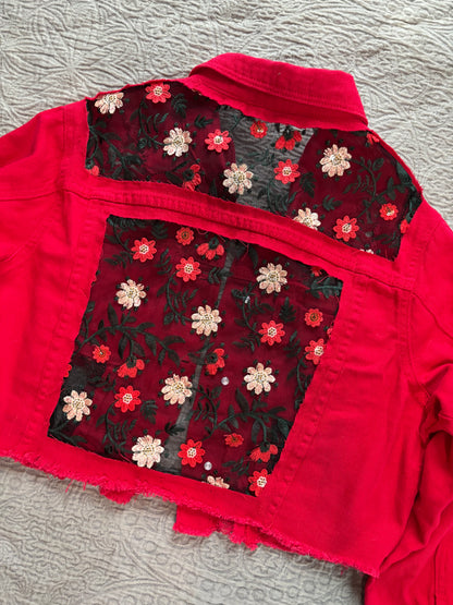 Cropped Red Denim Red Floral Jacket [1X]