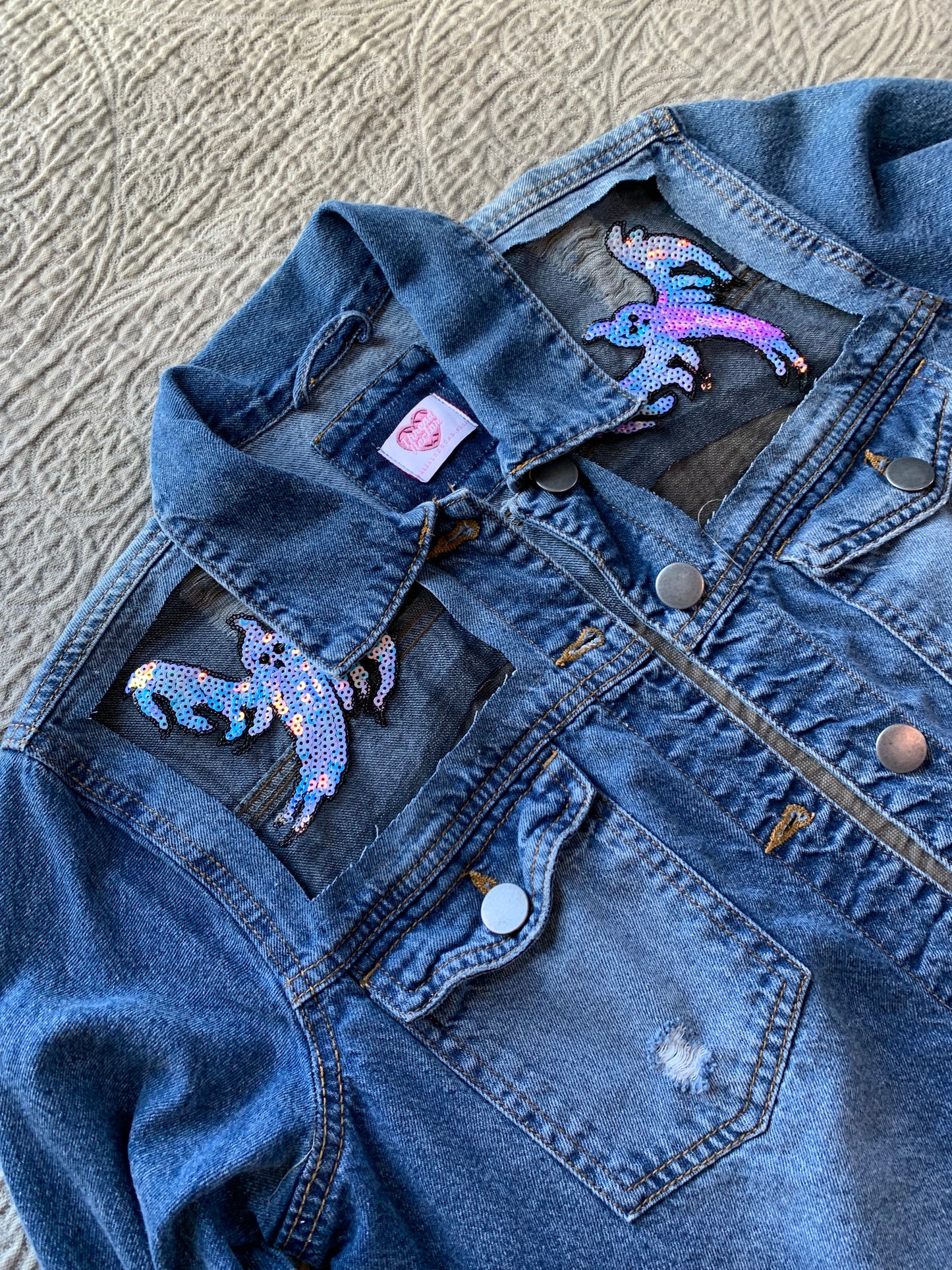 Heart Cutout Distressed Denim Ghost Jacket   [L]