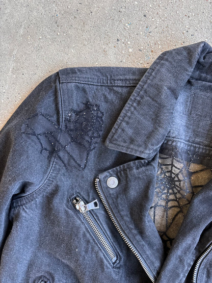 Black Denim Spider Webs Belted Jacket [S]