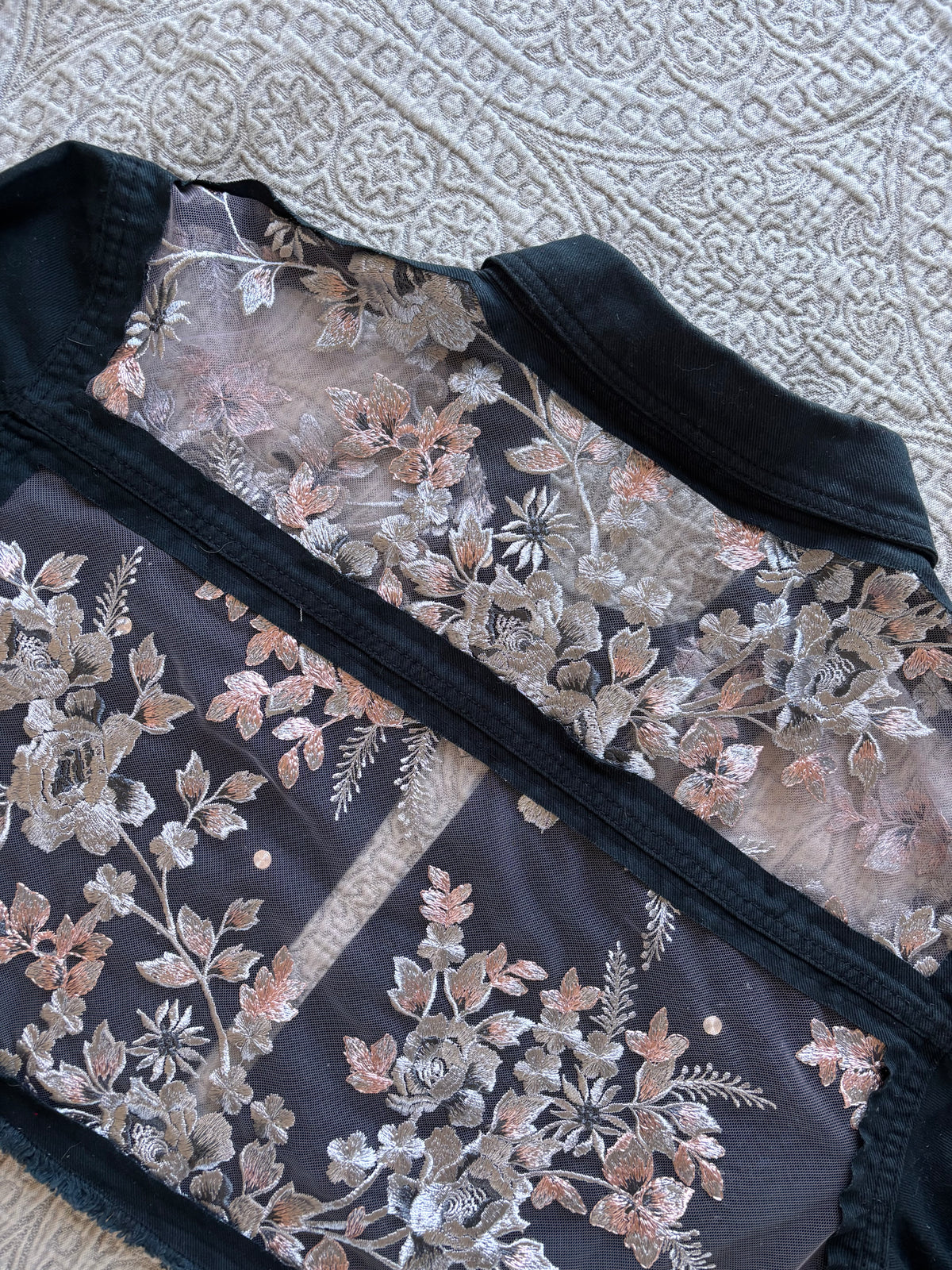 Black Denim Silver Floral Cropped Jacket [2X]