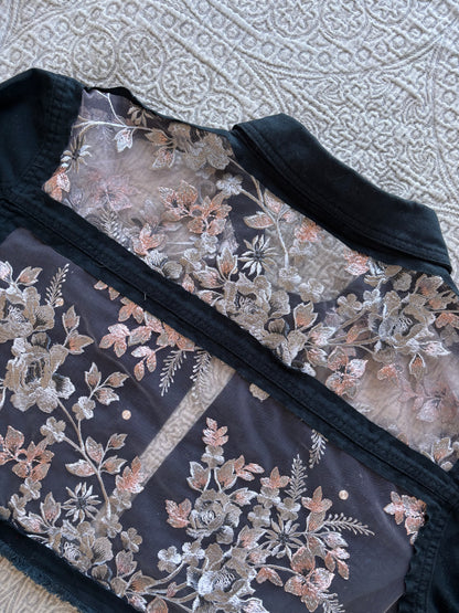 Black Denim Silver Floral Cropped Jacket [2X]