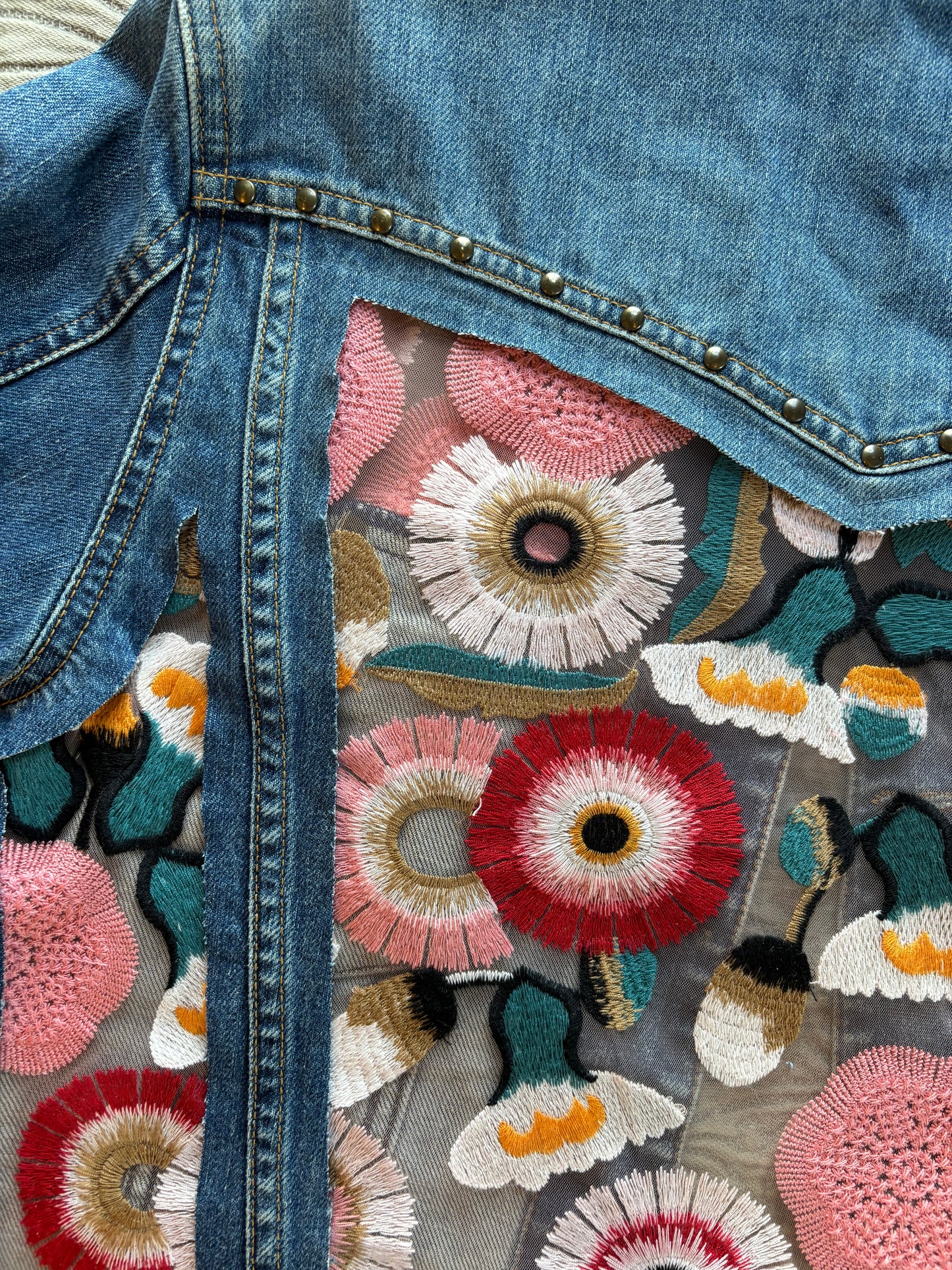 Denim Studs Pink Floral Jacket [L]