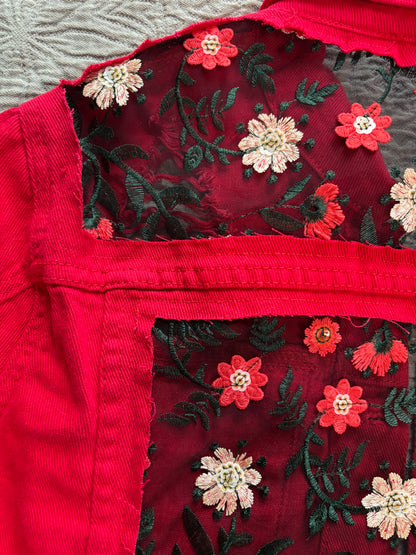 Cropped Red Denim Red Floral Jacket [1X]