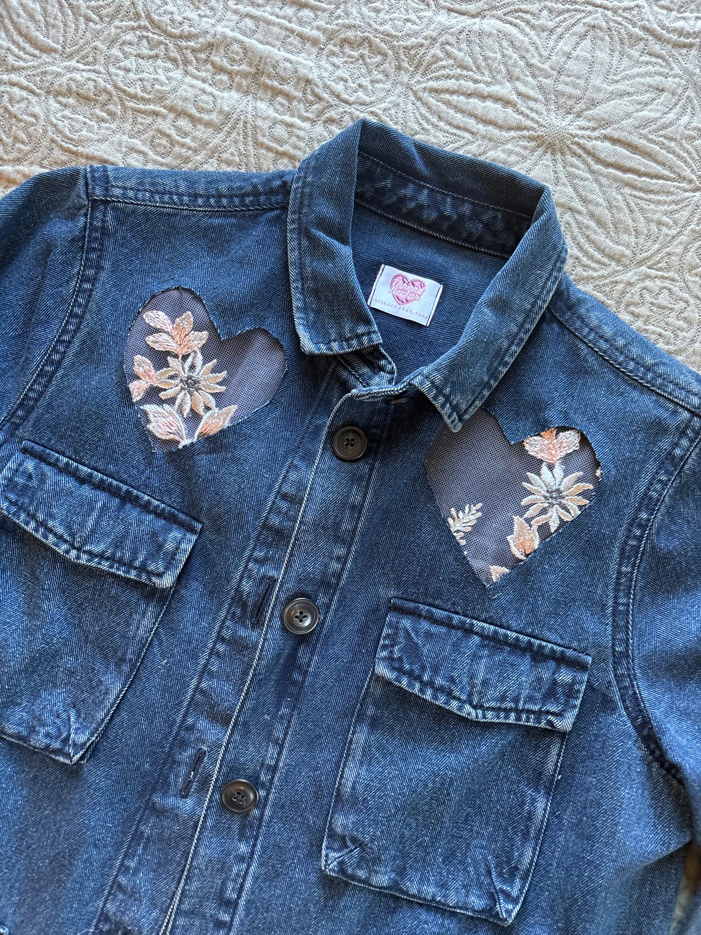 Silver Floral Dark-Wash Denim Jacket [L]