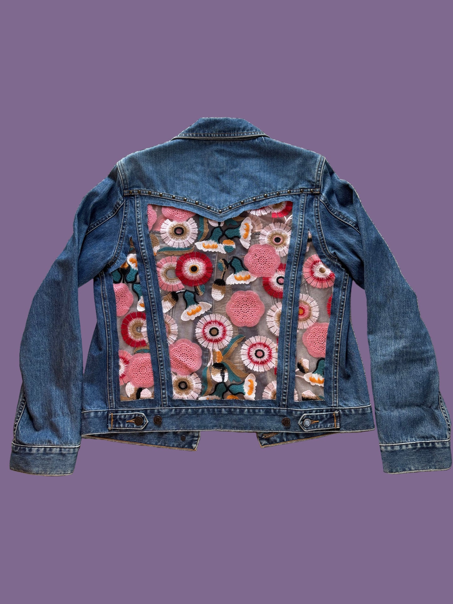 Denim Studs Pink Floral Jacket [L]