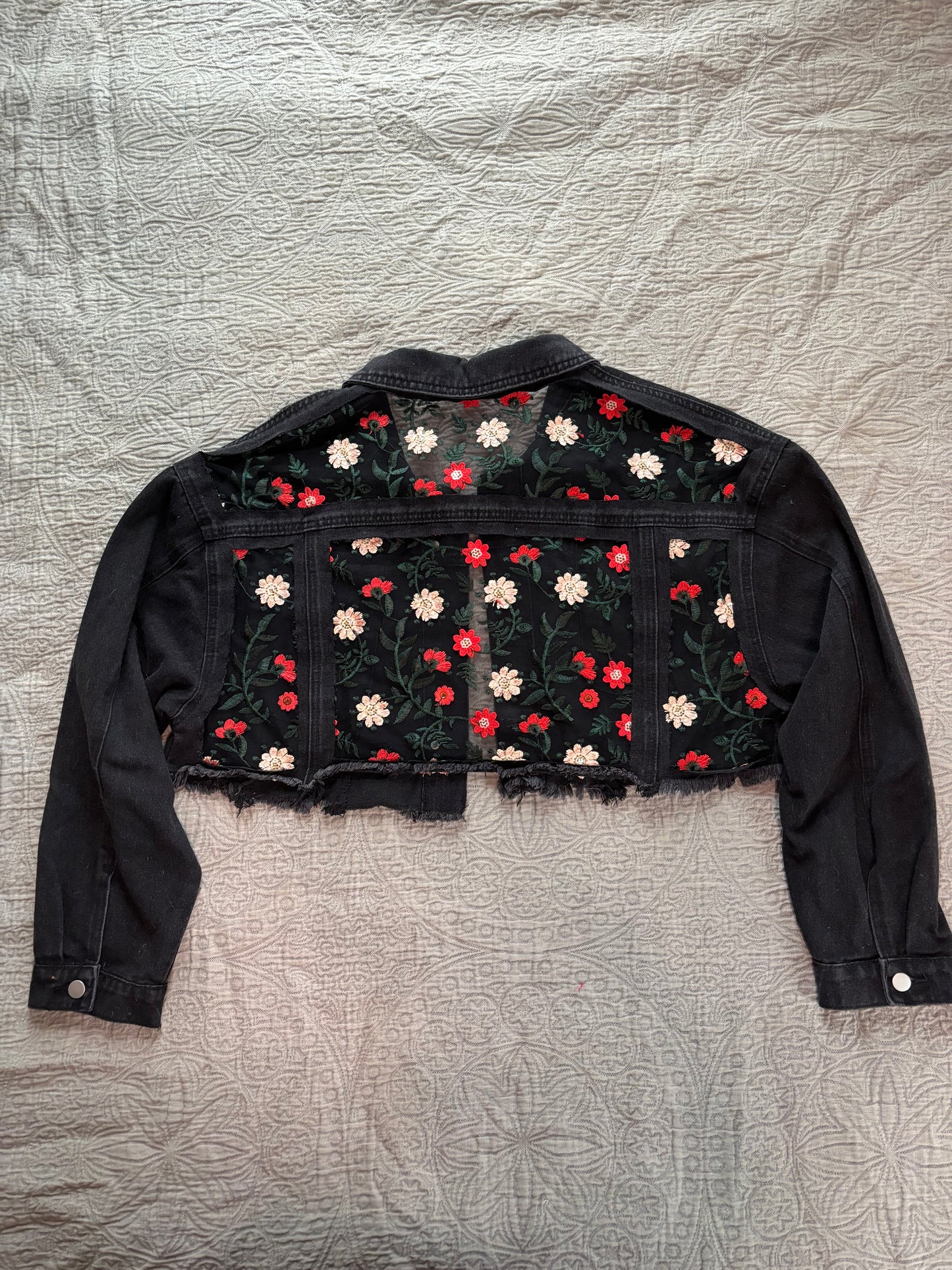 Cropped Black Denim Red Floral Jacket [2X]