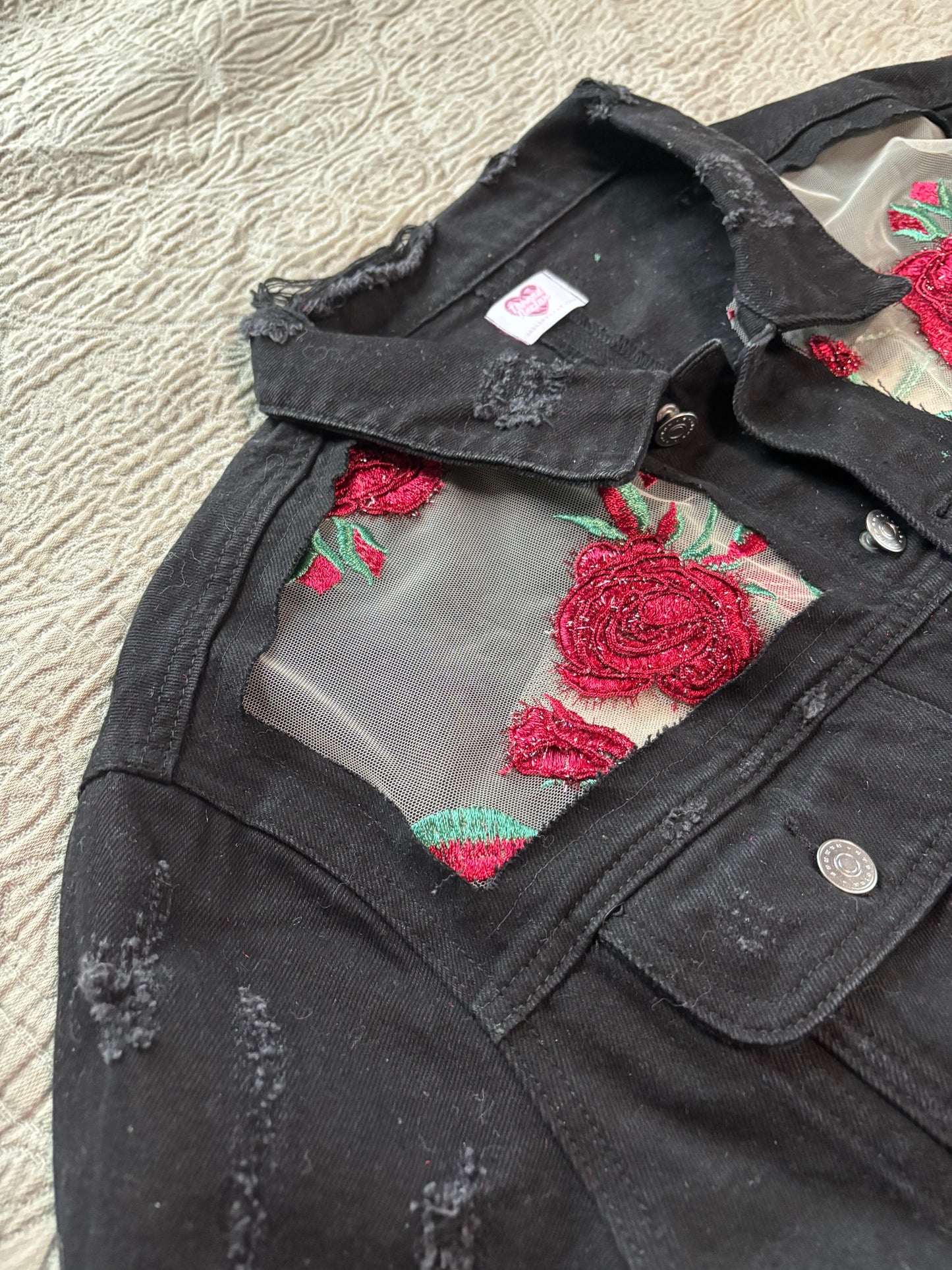 Distressed Black Denim Roses Jacket [2X]