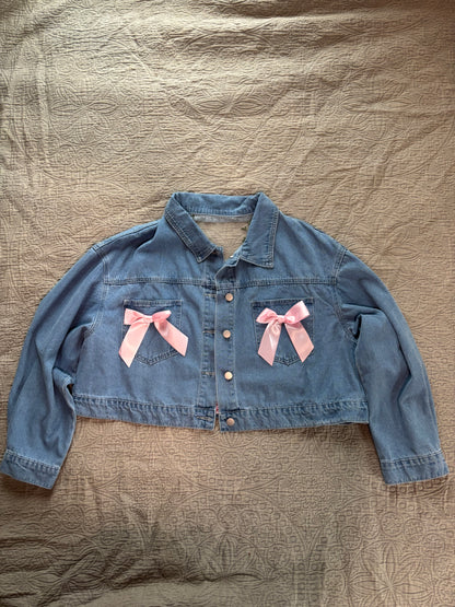 Cropped Denim Pink Floral Jacket with Bows [3X]