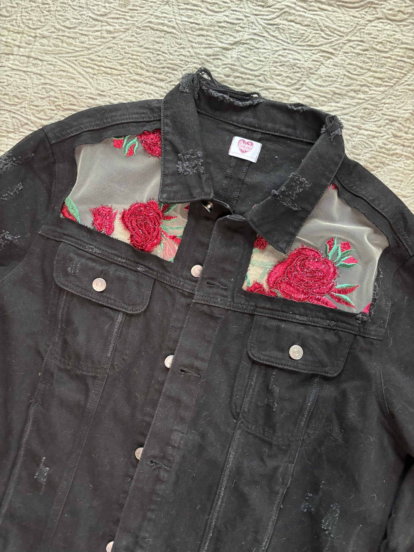 Distressed Black Denim Roses Jacket [2X]