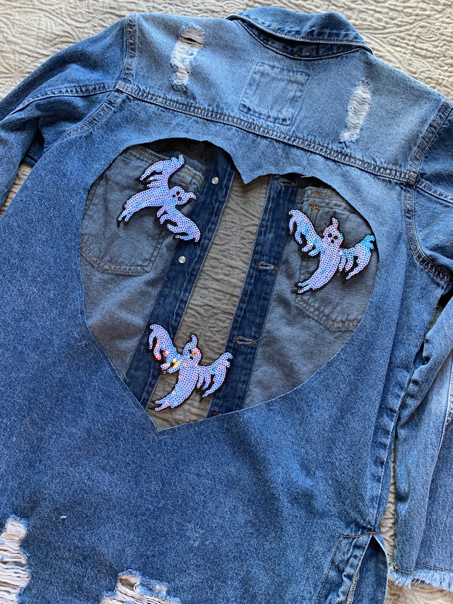 Heart Cutout Distressed Denim Ghost Jacket   [L]