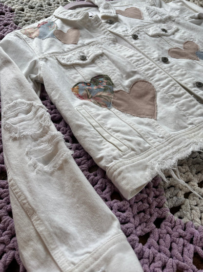 Distressed White Denim Hearts Jacket [L]