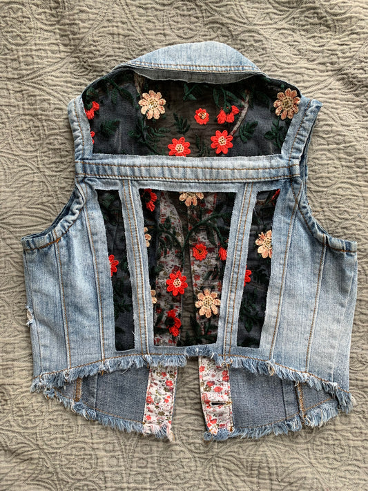 Distressed Denim Wildflowers Vest [XS]