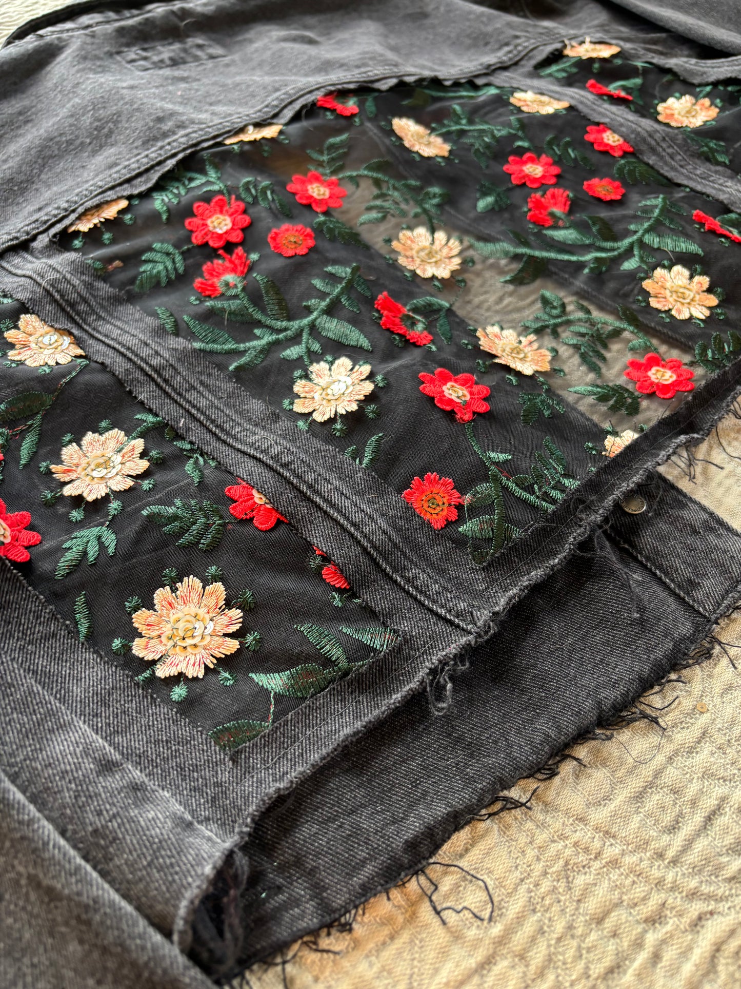 Black Denim Red Floral Jacket [0X]